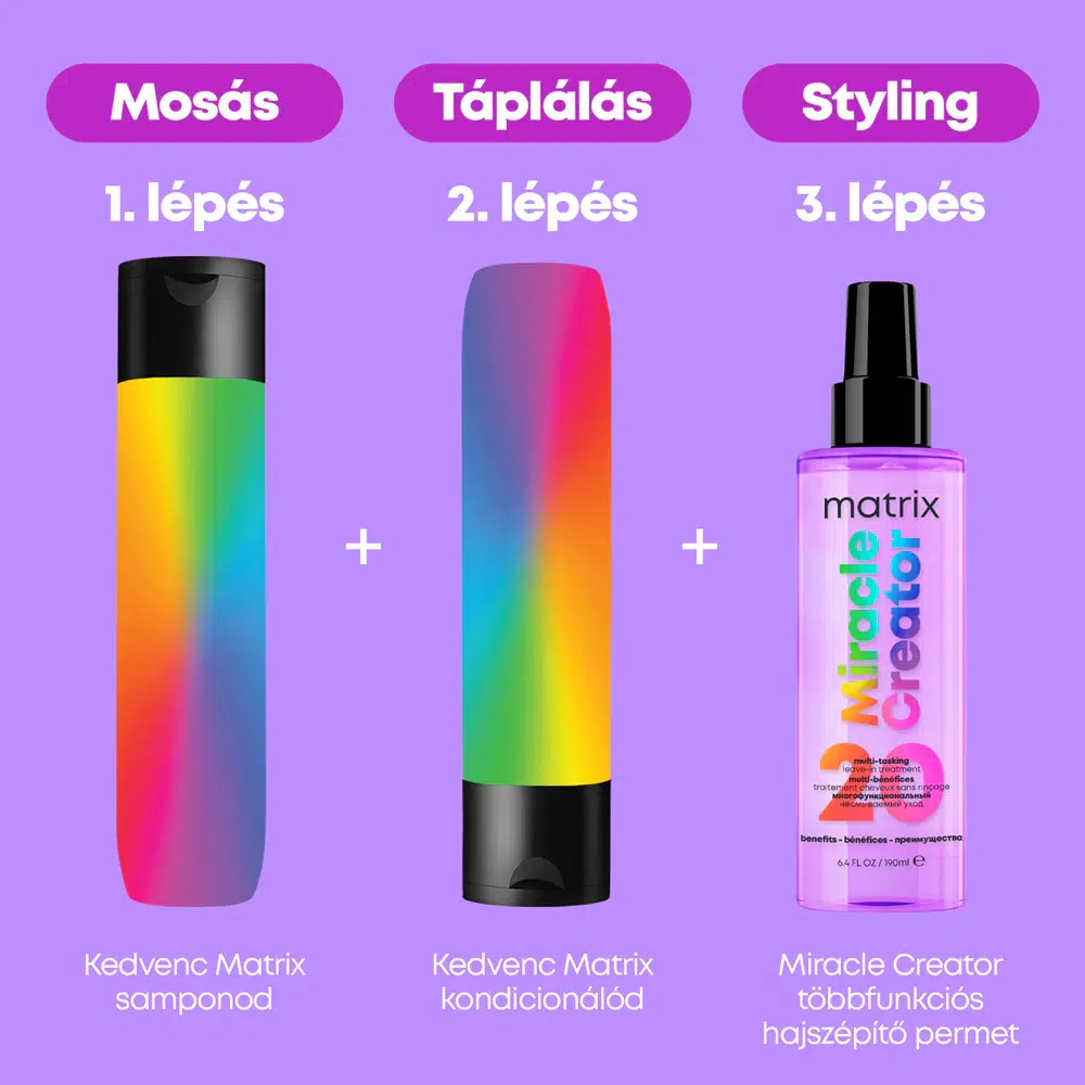 Matrix hajápoló termékek: sampon, kondicionáló és hajszépítő permet.