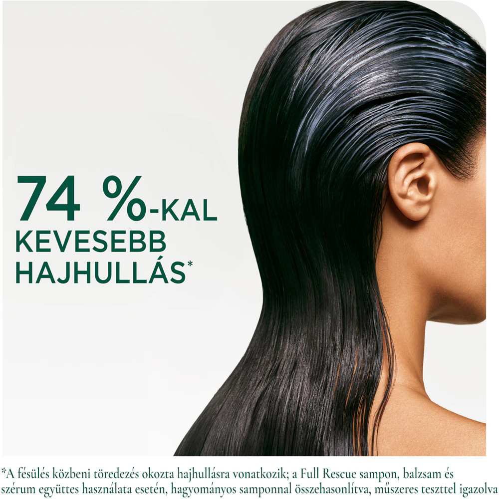 74%-kal kevesebb hajhullás, hajápolás reklám, fekete haj, női profil.