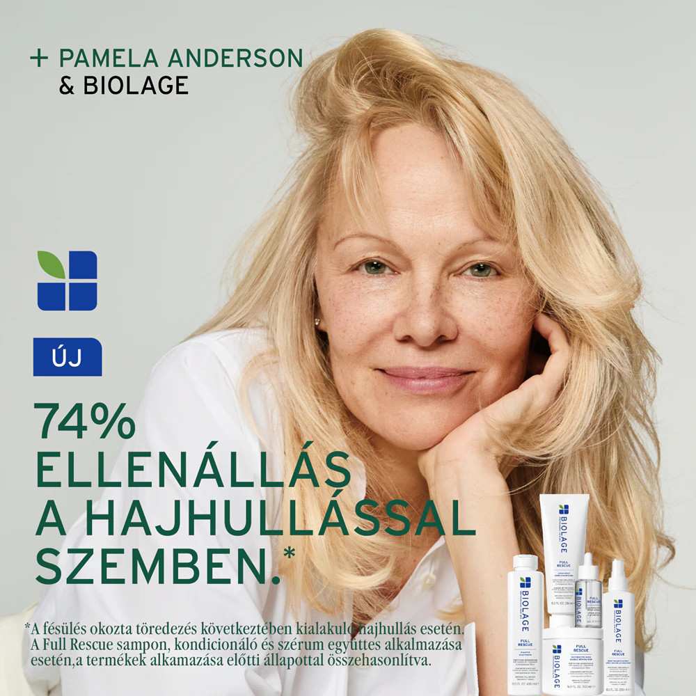Pamela Anderson hajápoló termékekkel, Biolage Full Rescue sorozat.