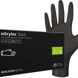 Fekete nitril kesztyű doboz és kesztyű, Mercator Medical.