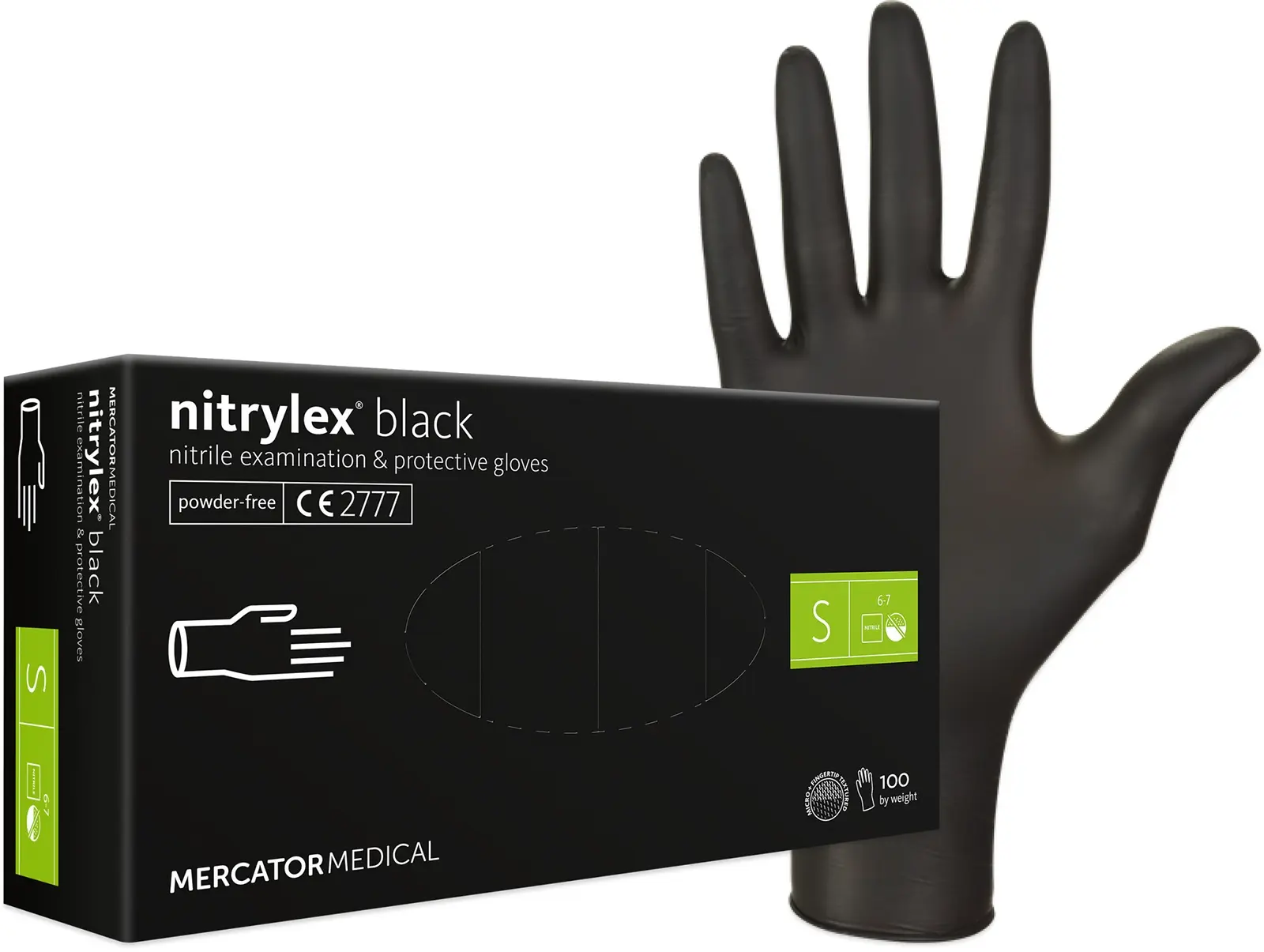 Fekete nitril kesztyű doboz és kesztyű, Mercator Medical.