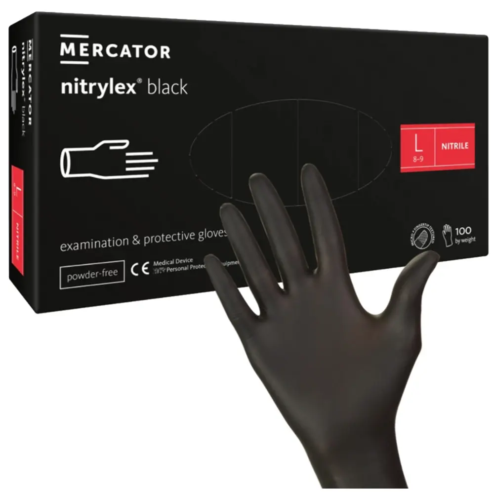 Fekete nitril kesztyű Mercator nitrylex black doboz előtt.