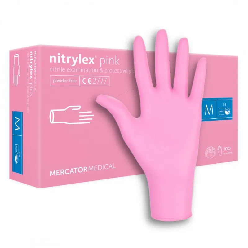 Rózsaszín nitril kesztyűk doboz és kesztyű, Mercator Medical.