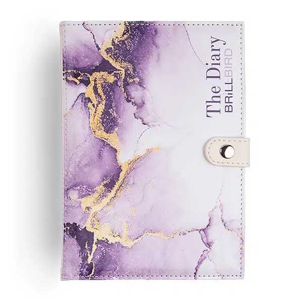Lila és arany árnyalatú női naptárborító, The Diary címmel.