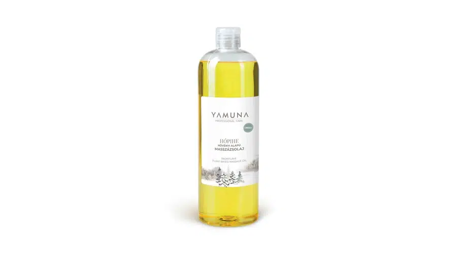 Yamuna hópihe növényi alapú masszázsolaj üvegben.