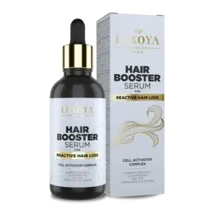 Luxoya Hair Booster Serum reaktív hajhullás ellen, fekete üveg és doboz.