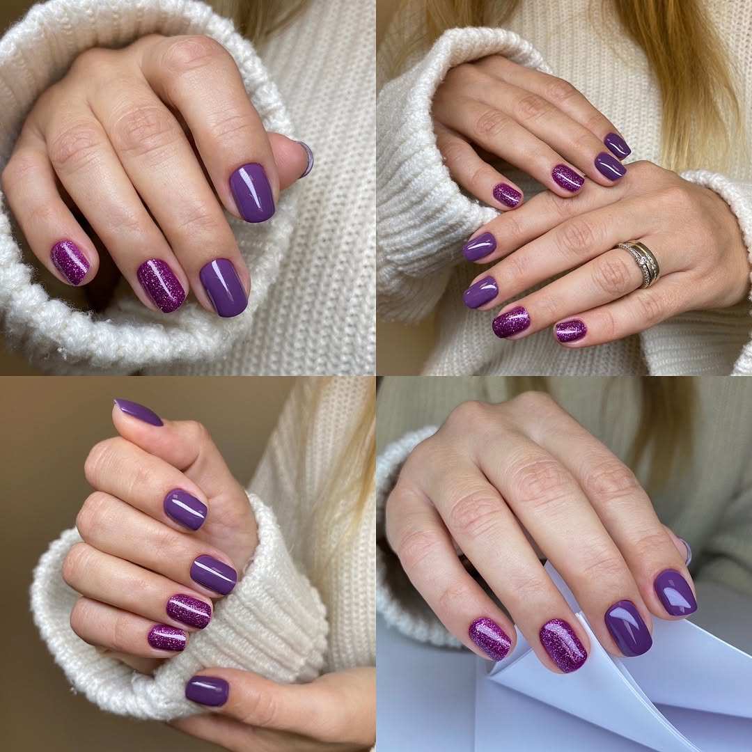 Lila és glitteres körmök, divatos körmök nőknek.