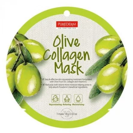 Olíva kollagén arcmaszk, Purederm termék, hidratáló és regeneráló hatású.