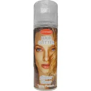 Ezüst színű haj glitter spray, fényes és csillogó hatásért.