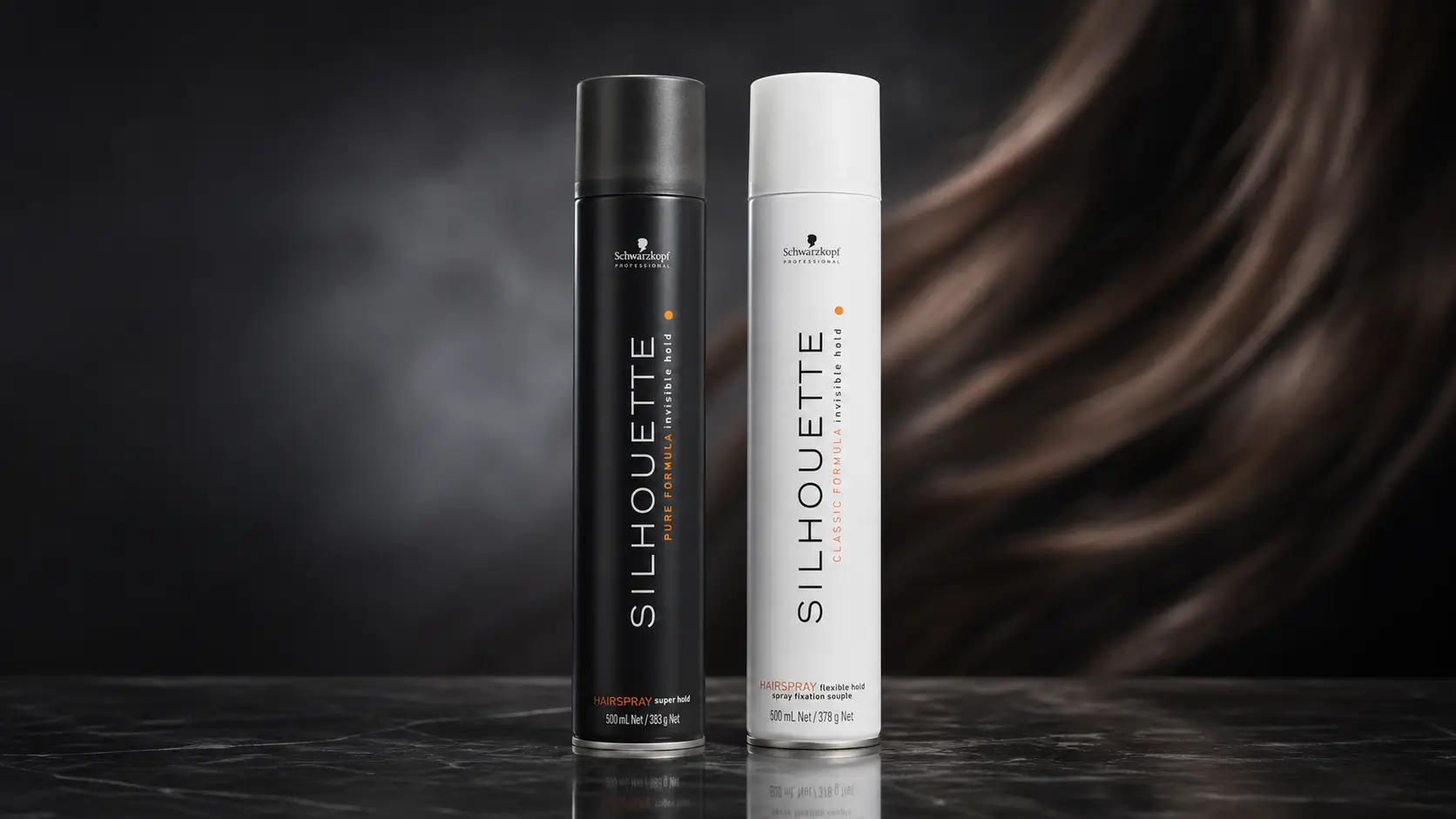 Schwarzkopf Silhouette hajlakkok fekete háttér előtt.